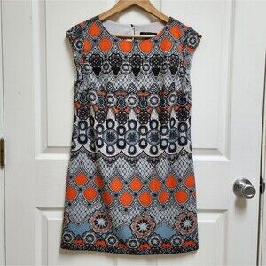 Banana Republic Dress 4 Orange Blue Gray Geometric Sleeveless Retro Shift Boho